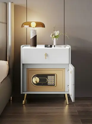 簡約現代帶保險箱床頭櫃家用臥室多功能帶燈無線充電全實木儲物櫃 幸福驛站
