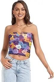 [RPLIFE] White Yellow Blue Purple Flowers Coastal Summer Tops, Strapless Crop Top for Women, Mesh Tube Tops, Sexy Tube Tops (S)