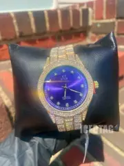 HIP HOP ICED BLING-ED OUT GOLD PT LUXURY STYLE BLUE DIAL LAB DIAMOND MENS WATCH