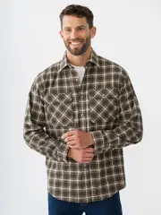Long Sleeve Flannelette Shirt Khaki Check