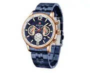 W09 Blue Multifunctional Steel Band Sports Watch Luminous Waterproof Solid Steel Band 24 Hours Calendar Chronograph Watch for Man