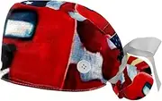 [WOSHJIUK] Working Hat 2 Pack Scrub Caps for Women,Farm red Truck American Flag,Tie Back Cap Adjustable Scrub Hat