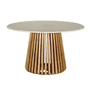 [James Lane] Linee White Marble & Acacia Round Dining Table - 130 cm