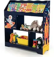 HONEY JOY Toy Storage Organiser Display Stand, 3-in-1 Kids Toy Shelf w/Book Shelf, Storage Cabinet, Storage Compartments, Kids Toy Storage Organizer Rack, for Playroom, Living Room, Day Care (Blue)