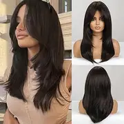 Long Straight Dark Brown Synthetic Wig for Women, Side Bangs natural wig, Heat Resistant Natural Looking for Cosplay Party Daily Use