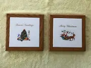 2 Handmade Christmas Italian Ceramic Tile Trivets With Wooden Oak Frames NEW!
