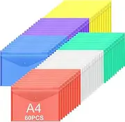 ASelected Pack of 60 Document Folder with Press Stud A4 Document Bag Transparent Transparent Pocket Portfolio Folder A4 Press Stud for Organiser Documents - 6 Colours