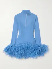 [Taller Marmo] Taller Marmo - Gina Spirito Feather-trimmed Silk-crepon Mini Dress - Bright blue - IT44 IT 44 Blue
