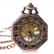 Jx026 Octagon Shape Red Copper Roman Numerals Dial Mechanical Pocket Watch