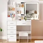 Modern Vanity Table Set White Dressing Table Stool w/ LED Lighted Makeup Mirror