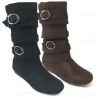 Women's Boots Slouchy Faux Suede Flat Buckle Mid Calf Knit Zipper Sweater Shoes