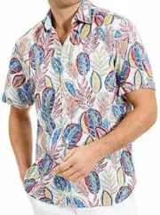 Tommy Bahama Men's Festival Fronds Linen Short Sleeve Shirt (White, Small)