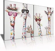 Funny Animal Canvas Wall Art Decor Lovely Giraffes Family Cartoons Painting Prints Picture Framed Stretched Wall Decoration Bedroom Kids Nursery Room Gift