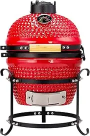 Doredo 13-in W Kamado Grill with Built-in Thermometer, Egg Grill with Cast Iron Grates, Bamboo handle, Portable Ceramic Grills with Low Stand for Backyard, Patio, Deck grilling, Red