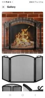 Black Metal Mesh Fireplace Cover, 3 Panel Folding Screen with Scrollwork Handles