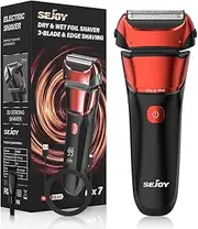 Sejoy Electric Razor for Men, Wet & Dry Foil Shaver with 3-Blade & Edge Shaving Area, 7500 RPM High Speed Motor, Digital Power Display, IPX7, Men's Electric Foil Shavers Scarlet