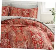 Boho Paisley Print Luxury Duvet Quilt Cover and Shams 3pc Queen Gold Red