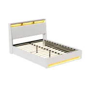 Artiss Bed Frame Gas Lift LED Beds Base Platform White PVC Leather Storage Headboard - Double
