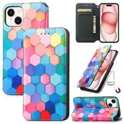 CaseNeo For Apple iPhone 15 Plus Leather Wallet Flip Case With RFID Blocking Credit Card Holder Slots Cover - Colored Squares
