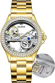 [OLEVS] Women Watch Skeleton Set Automatic Mechanical Silver Luxury Dress Waterproof Luminous Lady Watch Gift Set