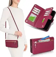 SunYoo for iPhone 13 Pro Max / 12 Pro Max Wallet Case for Women,for iPhone 12ProMax 13ProMax Case with Strap Crossbody Lanyard,Leather Shockproof Card Holder Stand Zipper Flip Phone Case Red