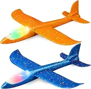 2 Pack LED Light Airplane, 17.5" Large Throwing Foam Plane, 2 Flight Mode Glider Plane, Flying Toy for Kids, Gifts for 3 4 5 6 7 Year Old Boy, Outdoor Sport Toys Birthday Party Favors Foam Airplane