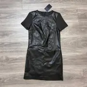 ZARA Black Gray Knit Faux Leather Short Sleeve Mini Shift Dress LBD New Women XS