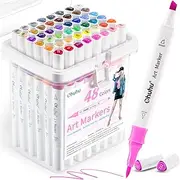 Ohuhu Markers Brush Tip, 48-color Double Tipped Alcohol Based Markers for Kids Artist Adult Coloring Sketching Illustrations, w/Marker Case, Brush & Chisel, Great Value Pack for Students' Art Class
