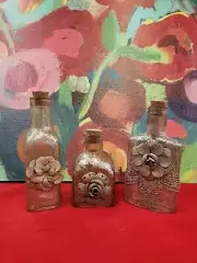 BOTTLES DECORATIVE 3 Glass Gold Flowers Cork Top New With Tags