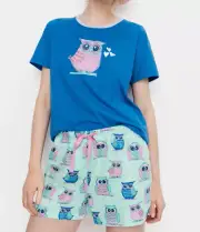 NEW PETER ALEXANDER WISE OWL PJ SET TOP TEE & SHORTS SET WOMENS LARGE L $119.90
