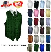 Men's Paisley Formal Tuxedo Vest Tie & Hankie set Wedding Prom Cruise Homecoming
