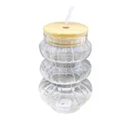 Wooden Lid Striped Glass Jars with Straw 12*6 cm