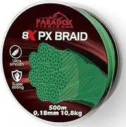 Paradox Fishing 8 x PX Braided Fishing Line, Green, 500 m, 0.18 mm, 10.8 kg, Braided Fishing Line, Tight Braided