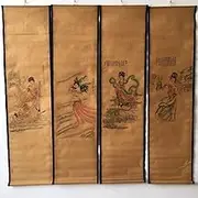 4 PCS Fairy Scroll Decorative Painting Chinese Imitation Ancient Celebrity Calligraphy Ink Painting Vintage Wall Art Hanging Scrolls for Study Office Bedroom Home Decor