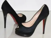 NEW Christian Louboutin Altadama 140 Astrakan Black Pony Heels Platform Shoes 38