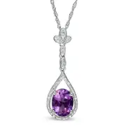Oval Amethyst and Natural Diamond Accent Pear-Shaped Drop Pendant in Sterling Silver