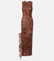 [Loewe] Loewe Feather-trimmed printed maxi dress UK 6 brown