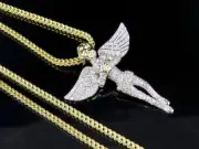 10K Yellow Gold Genuine Diamond Angel Iced Pendant Franco Chain 22" Set 4/5 C...