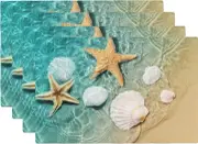 Beach Placemats Set of 4 Starfish and Seashell on The Summer Ocean Linen Washable Place Mats Rectangle Cloth Table Mat for Party Kitchen Dining Dec...