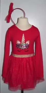 Btween 2 Pc Red Gold LS Unicorn Sparkle Christmas Dress & Bow Headband 4 5 6X