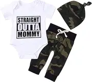 [Kashoer] Cute 3pcs Newborn Baby Boys Letter Print Romper+Camouflage Pants+Hat Outfits Set