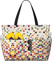 [Ghjkfbf] Triangle Geometric Print Large Capacity Beach Travel Bag For Family, Beach Tote Bag For Women With Zipper Pockets, Black, One Size