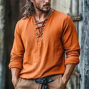 Men's Shirt Linen Shirt Viking Style Summer Shirt Beach Shirt Solid Color Vacation Casual White Blue Orange Green Long Sleeve Crew Neck Summer Spring Clothing