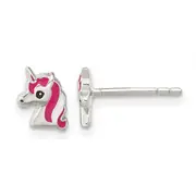 Sterling Silver Polished Multi-Color Enameled Unicorn Head Children'S Post Earrings