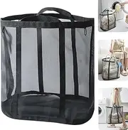 [QUSHEJIAND] Mesh Bag with Handles Foldable Breathable Mesh Clothes Hamper Wall Hanging Laundry Basket Collapsible Beach Bag for Clothe and Toy Storage Hamper Bathroom Bedroom Laundry Bag (Black)