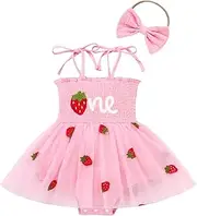 [IBTOM CASTLE] First Birthday Baby Girl Outfit Floral Strawberry Smocked Tutu Dress One Year Old Birthday Cake Smash Photoshoot
