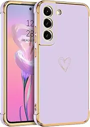 [GUAGUA] Case for Samsung Galaxy S21 FE, Galaxy S21 FE Case Luxury Electroplate Edge Bumper Cute Heart Pattern Phone Cover for Women Girls with Camera Protection & 4 Corners Shockproof 6.4 Inch,Purple