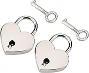 Padlock with Key 2Pack,Heart-shaped Skeleton Key Lock Set,Zinc Metal Lock for Luggage Diary Book Jewelry Box, Silver