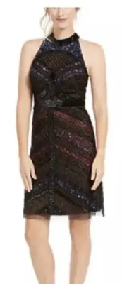ADRIANNA PAPELL BEADED DRESS /HALTER TOP/SIZE 16/BLACK NUDE/LENGTH 40"/$279