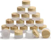 20 Pcs Frosted Glass Cosmetic Containers with Wood Grain Lids, 5 Gram Refillable
